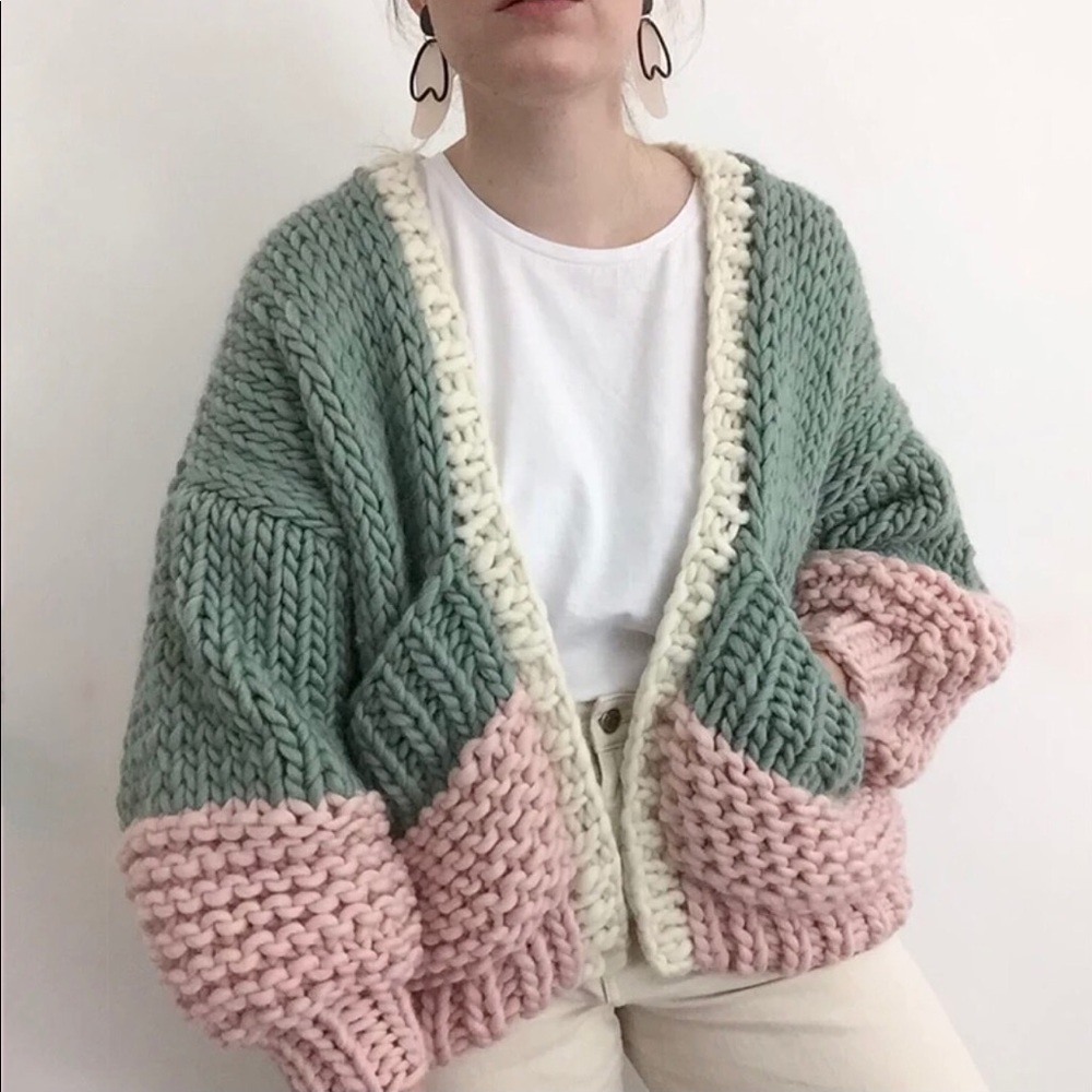 Cardigan sweater boho knit puff sleeve thick chic chunky green pink - Picture 2 of 14